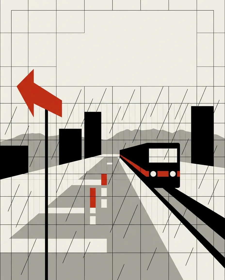 Poster-style illustration of a SkyTrain arriving at a rainy platform, with a red arrow sign pointing left