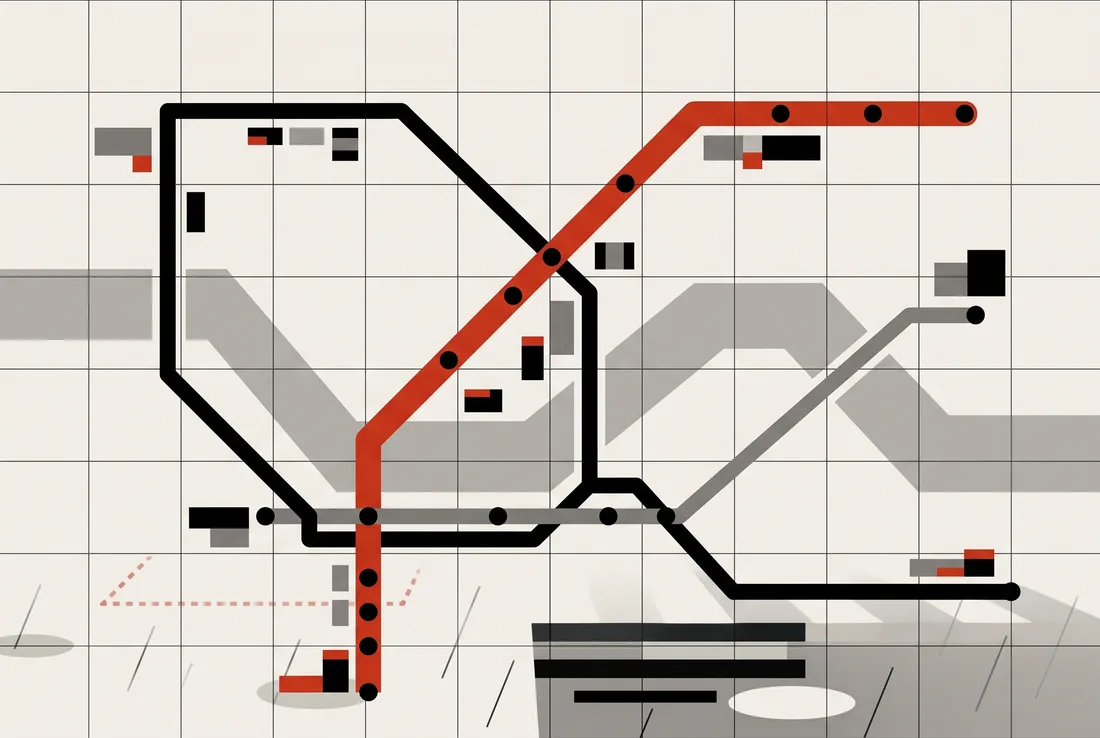 Poster-style illustration of an abstract transit network with one red line crossing a river