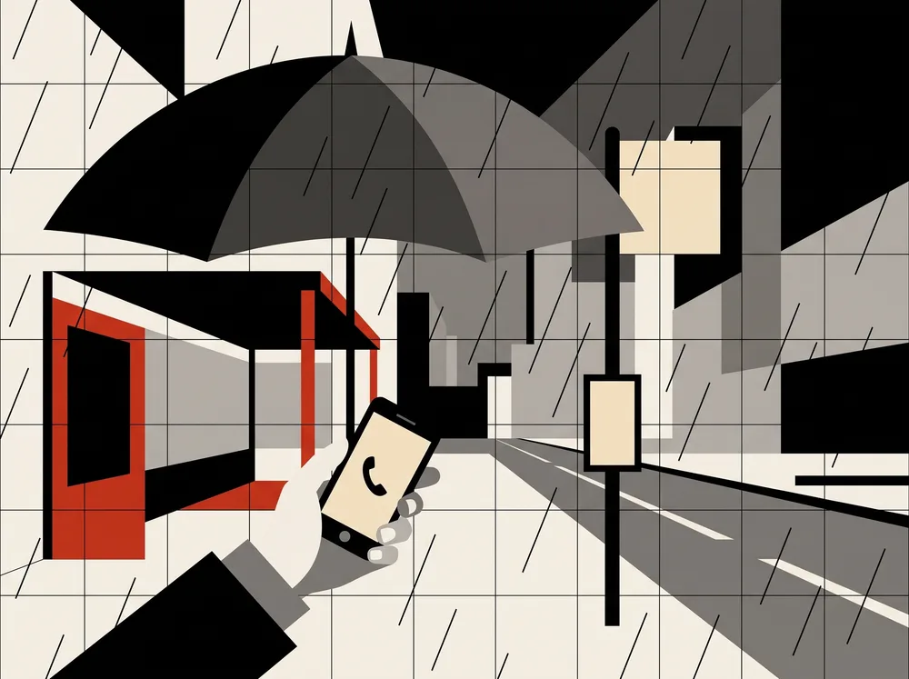 Poster-style illustration of a hand holding a phone under an umbrella at a bus stop at night