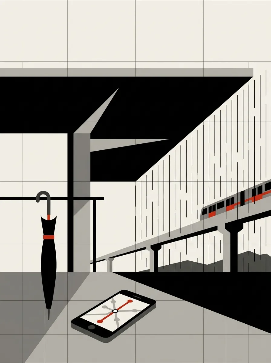 Poster-style illustration of a folded umbrella and a phone showing a route map under a station canopy, with a SkyTrain passing in the rain