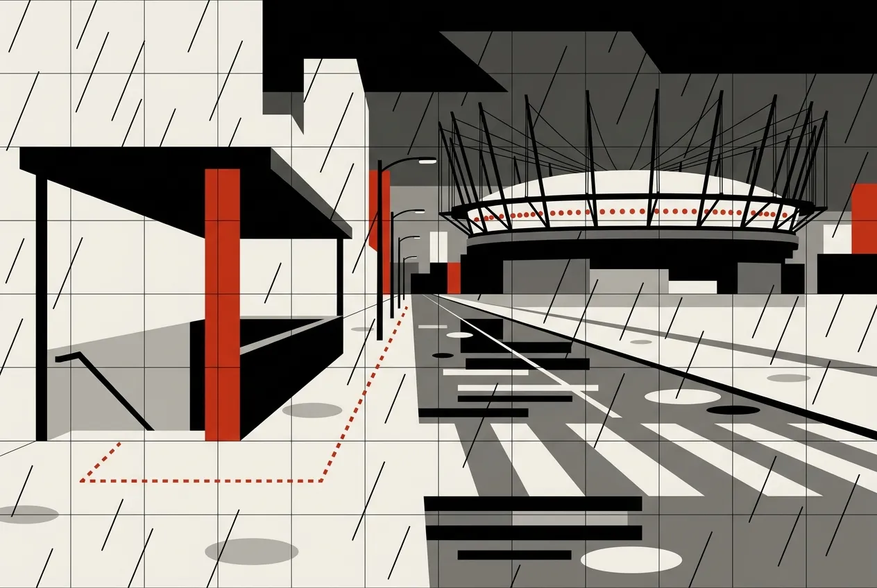 Poster-style illustration of a rainy street from a station entrance to a stadium roof on masts, with a dotted red walking route
